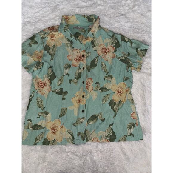 Jamaica Jazz Women’s Sz. XL green tropical Design Silk Blend Button Up Shirt - Picture 7 of 12